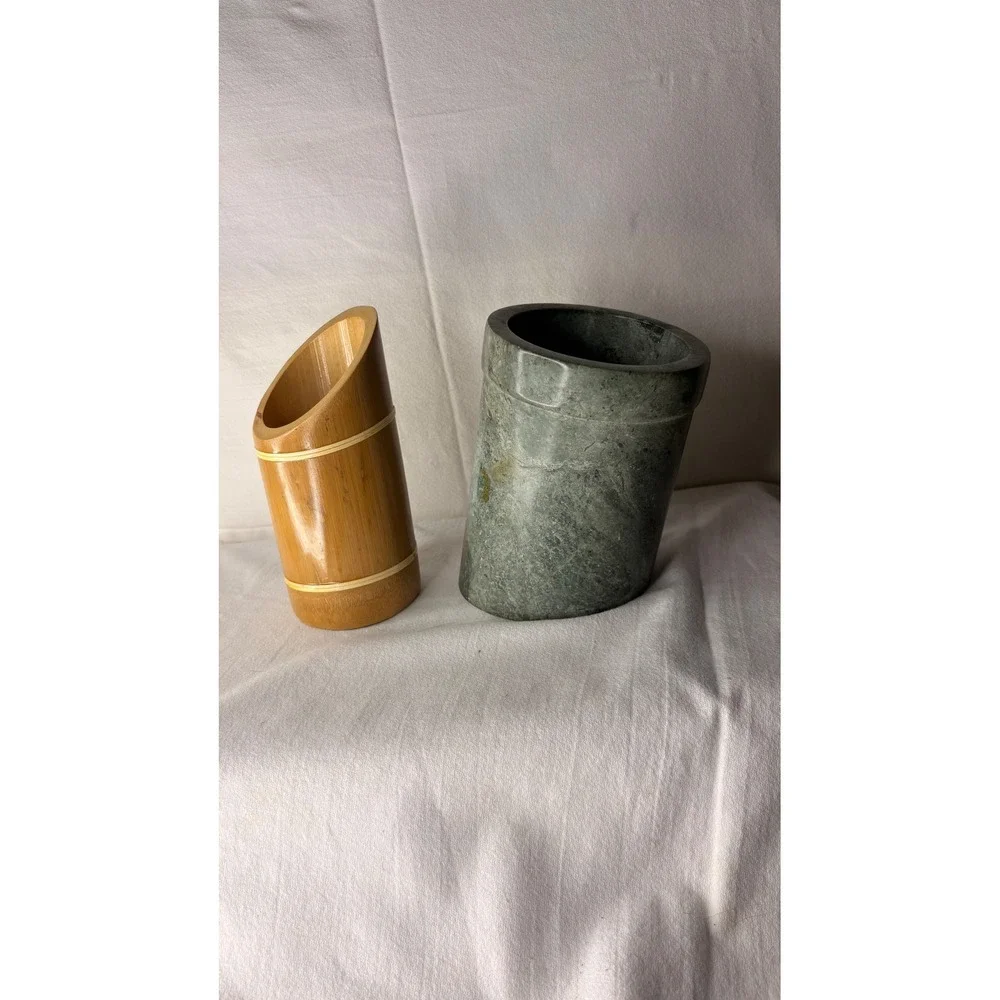 Bamboo Slanted Brush Holder and Green Stone Marble Cylinder Desk Organizer Set